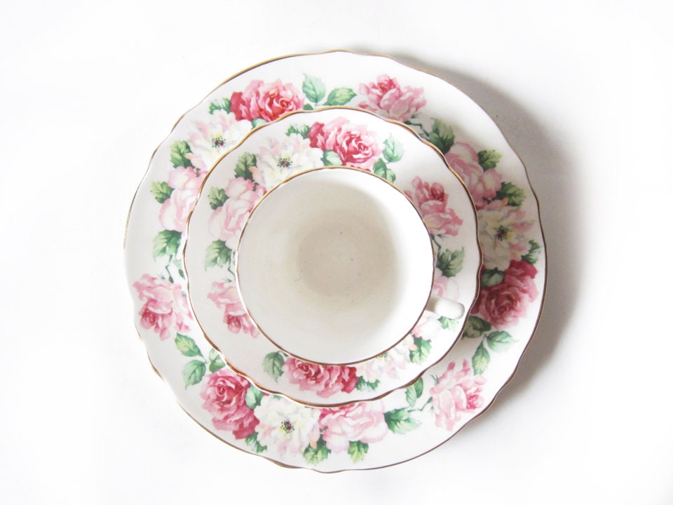 Vintage Staffordshire Bone China Teacup, Saucer, and Desert Plate - Floral Crown English Tea Cup Trio Pink Roses - LaRouxVintage
