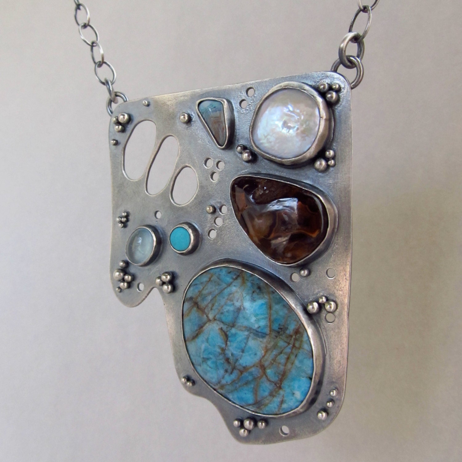 large sterling silver necklace with chrysocolla in quartz, fire agate, aquamarine, turquoise, pearl - laurenmeredith