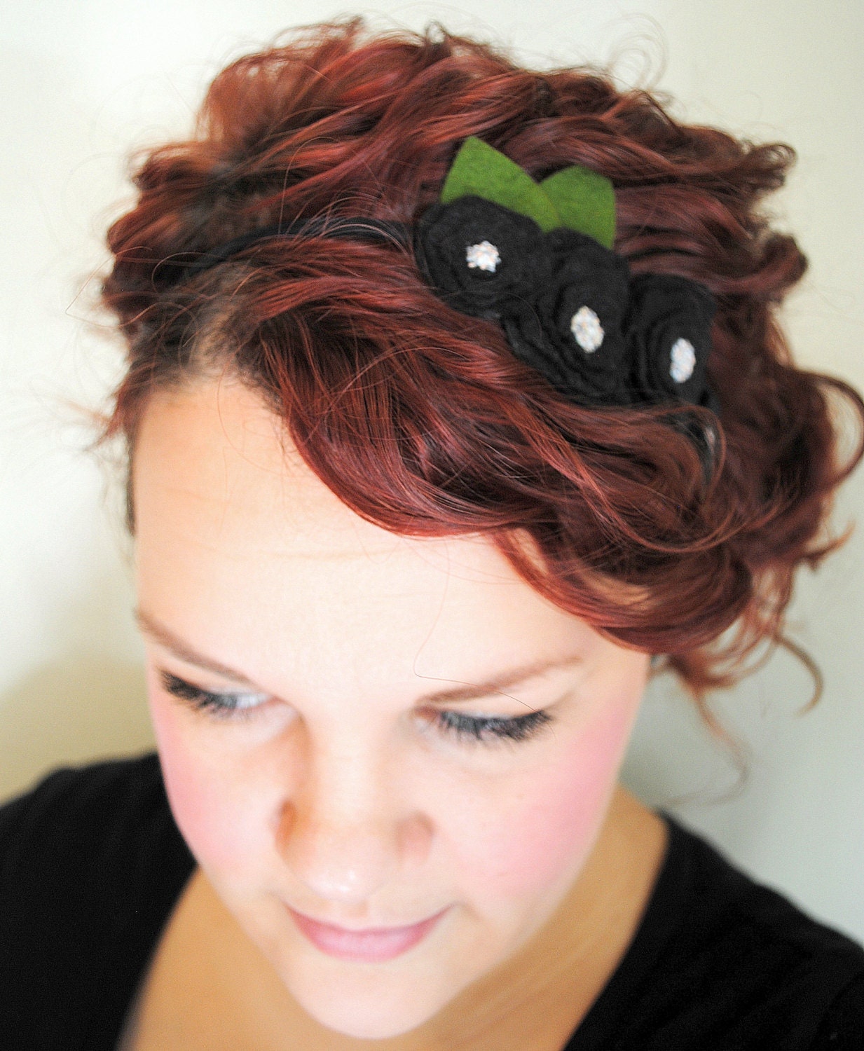 Black Flower Headband - Wool Felt Flower - Peony Headband - Statement Hair Accessory - FoldingChairDesigns