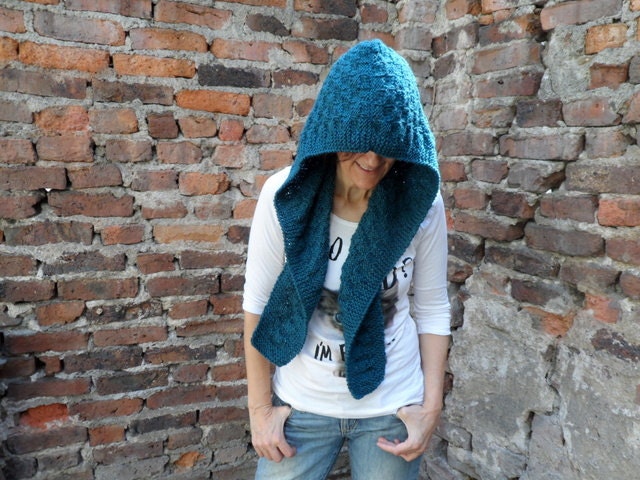 Blue Hooded Scarf, Teal Scoodie, Chunky Cowl, Pixie Hood, Winter Fashion - bysweetmom