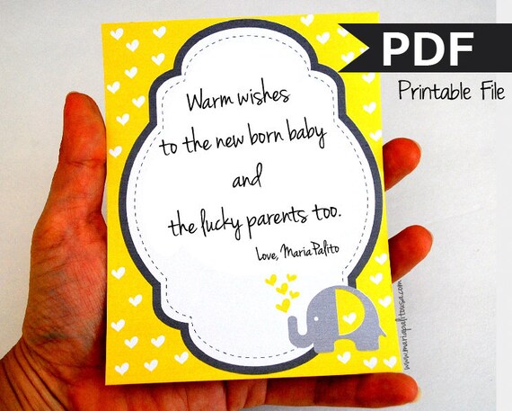 Elephant Card Notes, Baby Wish Card Notes, Yellow and Grey Elephant wishing card, DIY Printable File MariaPalito A790 Il_570xn