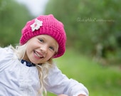 Slouchy Hat Pink Wool, Textured Knit Beanie with Cream Flower and Button Center, Child Size (Item 948) - ThatsTheCutestThing