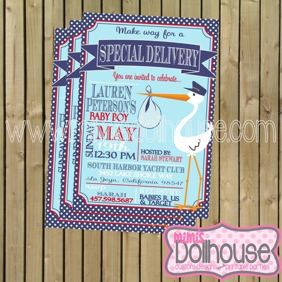 French Stork Invitation- Printable Stork Baby Shower Invitation- French Stork Mustache Bowtie Invitation PDF/JPEG Il_570xn