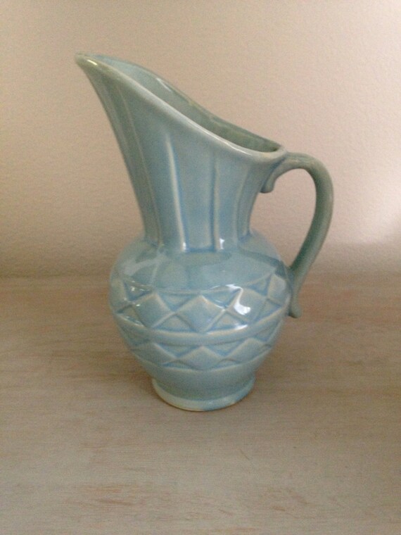 Vintage USA Blue Pottery Pitcher Vase Diamond by BlueGreenWater
