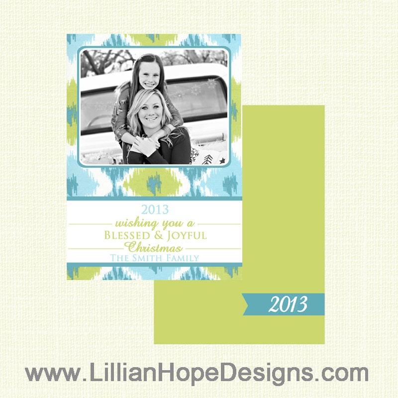 HOLIDAY Photo Card - Ikat Green and Blue - Christmas Greeting Card - PRINTABLE Photo Card Il_570xn