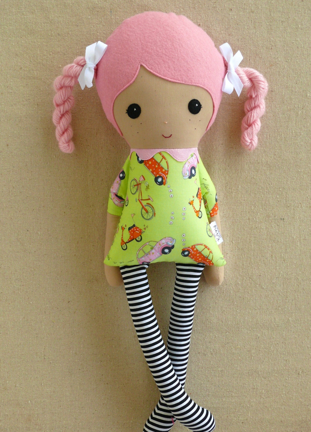 Fabric Doll Rag Doll Pink Haired Girl with Braids in Retro Car Print Dress