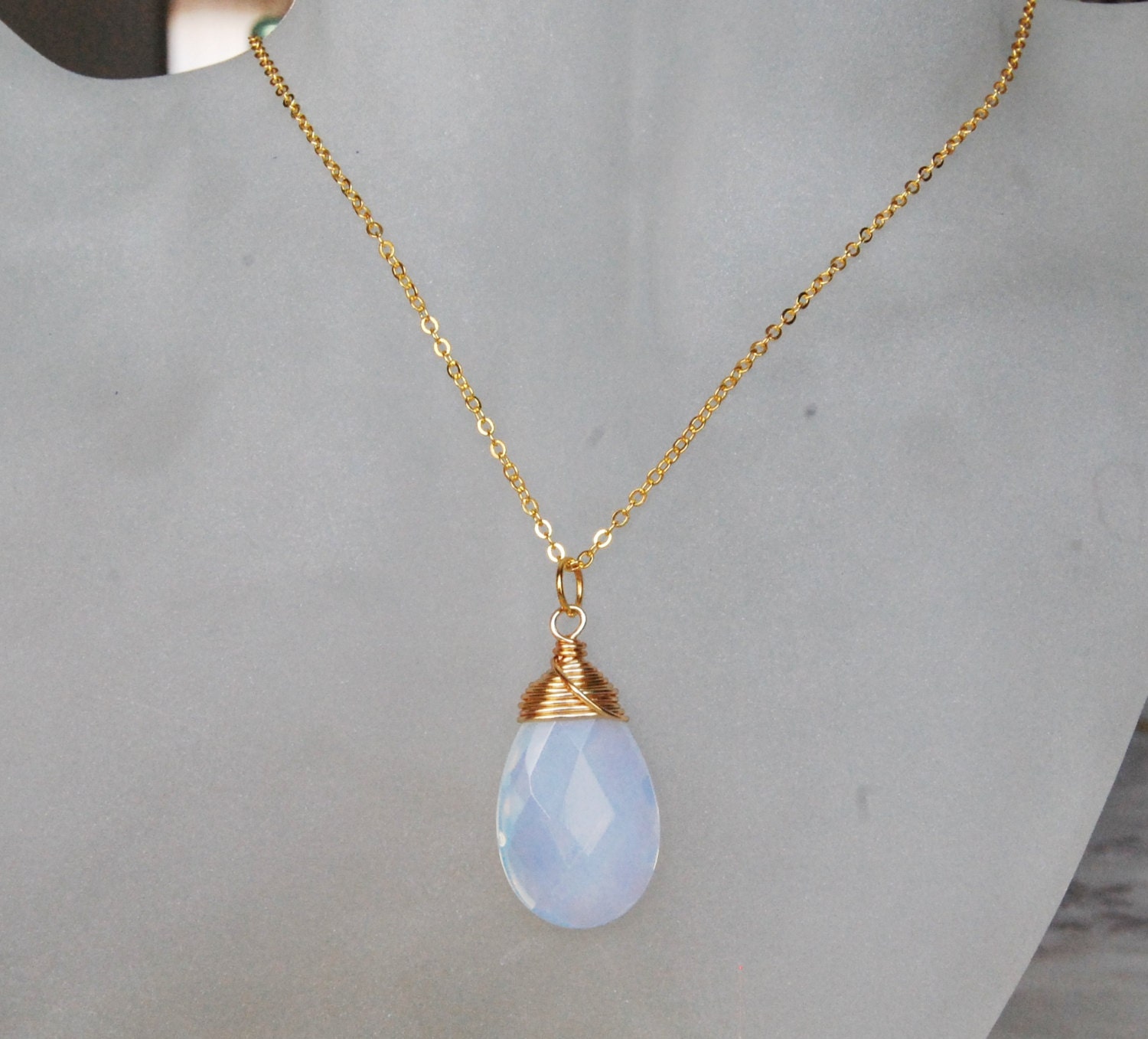 Opal Necklace , Gold White Necklace , Wire Wrapped Pendant Necklace ...