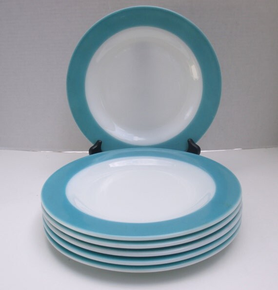 Pyrex Turquoise Aqua Blue Band Dinner Plates by MarieWarrenArts