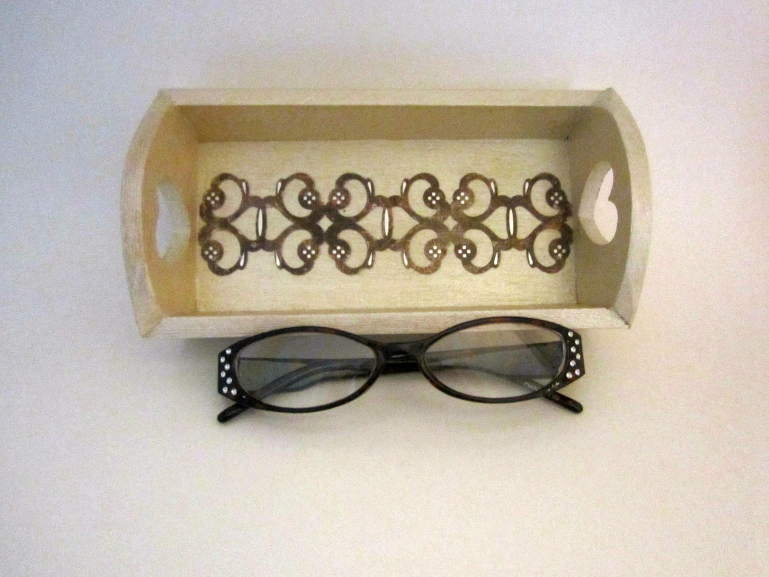 Eyeglasses Holder, Jewelry Tray, Ring Holder, Champagne Brown Silver, Wooden Tray, Desk Accessory - JustAddJewelry