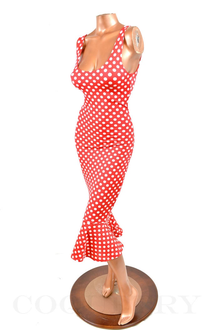 Red & White Polka Dot Print Sexy Tank Style Pinup Wiggle Dress  -E7138 - CoquetryClothing