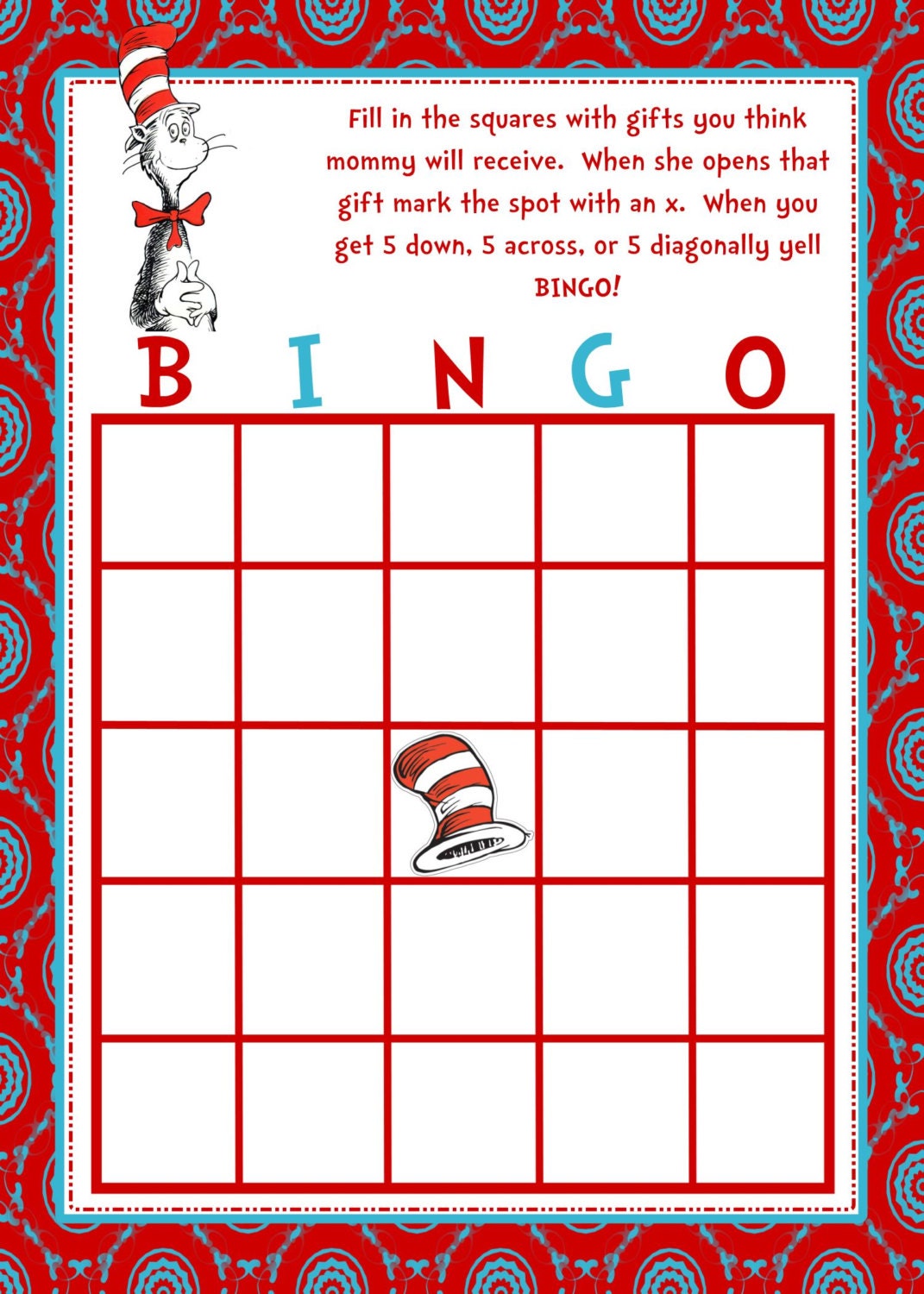 24 Personalized Cat In The Hat Inspired Bingo by KiddieCreations1