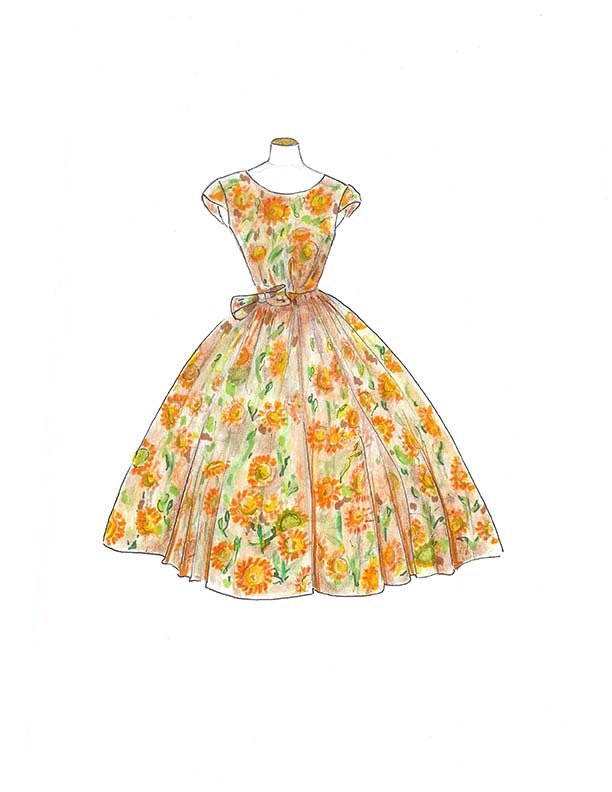 Vintage 1950 Dress Fashion Sketch- Sunflowers Fashion Illustration- Fashion Wall Art- Girls Room Decor- Custom Illustration - Zoia
