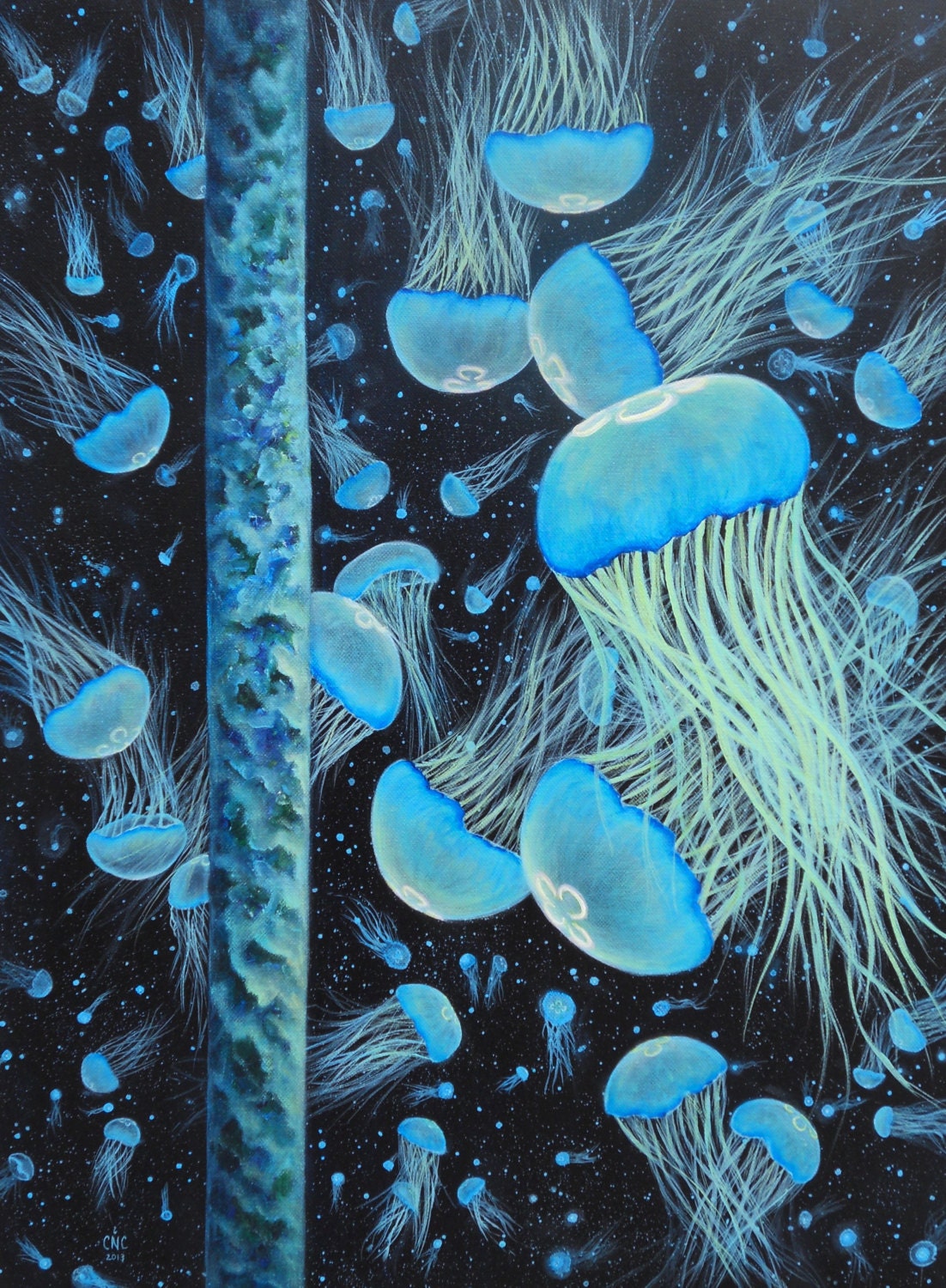 Original Acrylic Blue Jellyfish Painting 18 x 24 by CNCacrylics