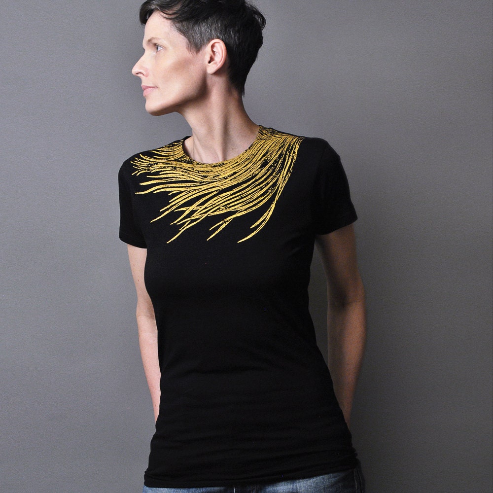 Fall Fashion Black T shirt for Women, Womens T shirt, Metallic Gold Bird Feather, Peacock Feather ScreenPrint, Gift For Her - sealmaiden