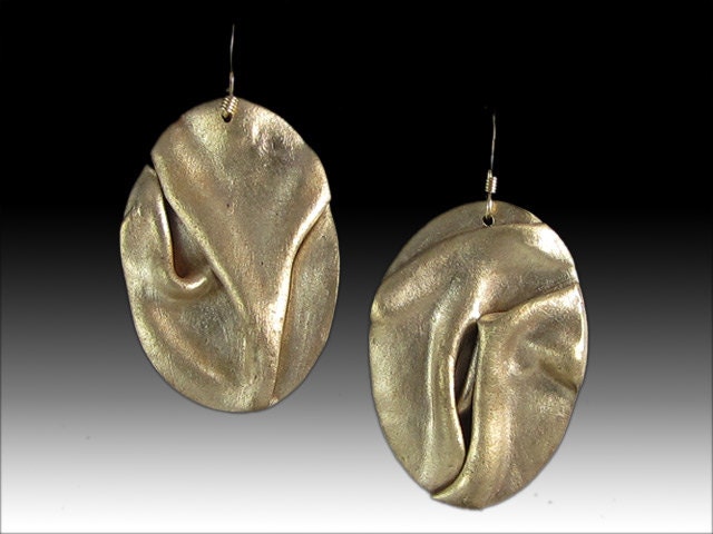 Handmade Abstract Large Gold Colored Bronze Earrings with 14k Gold Fill Earwires - BrackenDesigns