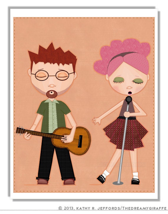 Music Art Print. Rockstars Illustration. Guitar Player And Singer Duo Picture. Gift For Music Lovers. Musician Poster. Cute Children's Art - thedreamygiraffe