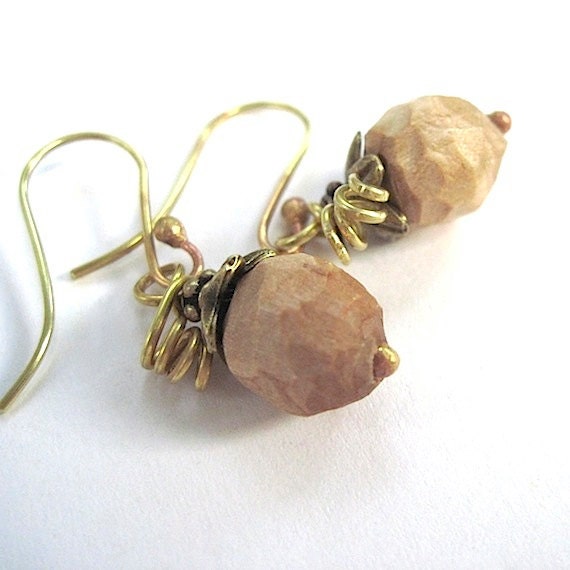 Boho Woodland Dangle Earrings Rustic Hand Carved Wooden Beads Antiqued Brass Bohemian Jewelry - RoughMagicCreations