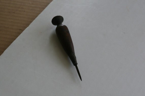 Antique primitive Leather Awl with Wooden Handle by TripleTrouble