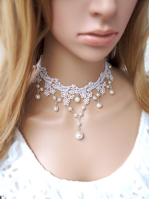 Porcelain Gothic Vintage White Flower Lace Necklace with White Pearl droplet Pendant Choker