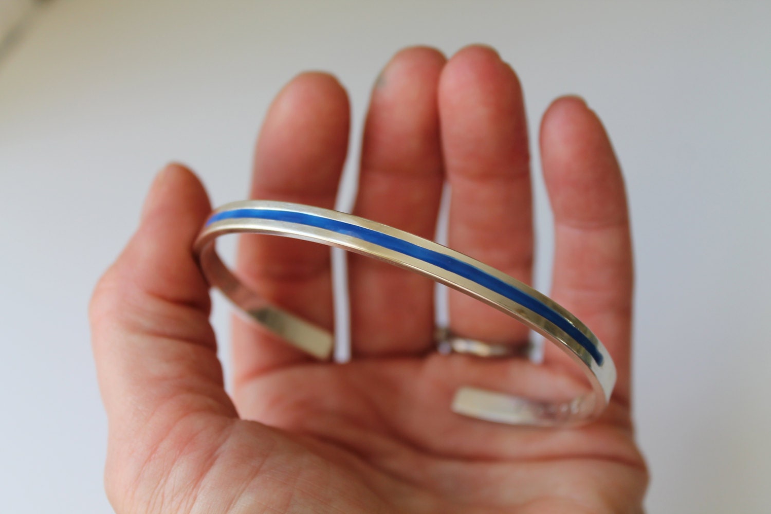 Thin blue line police bracelet. Sterling silver by KittyStoykovich