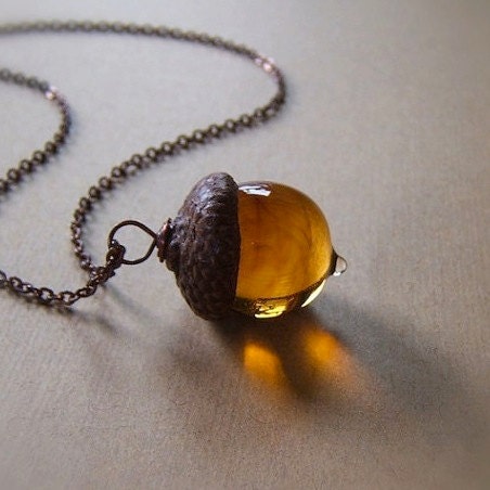 Glass Acorn Necklace in Streaky Transparent Topaz by Bullseyebeads