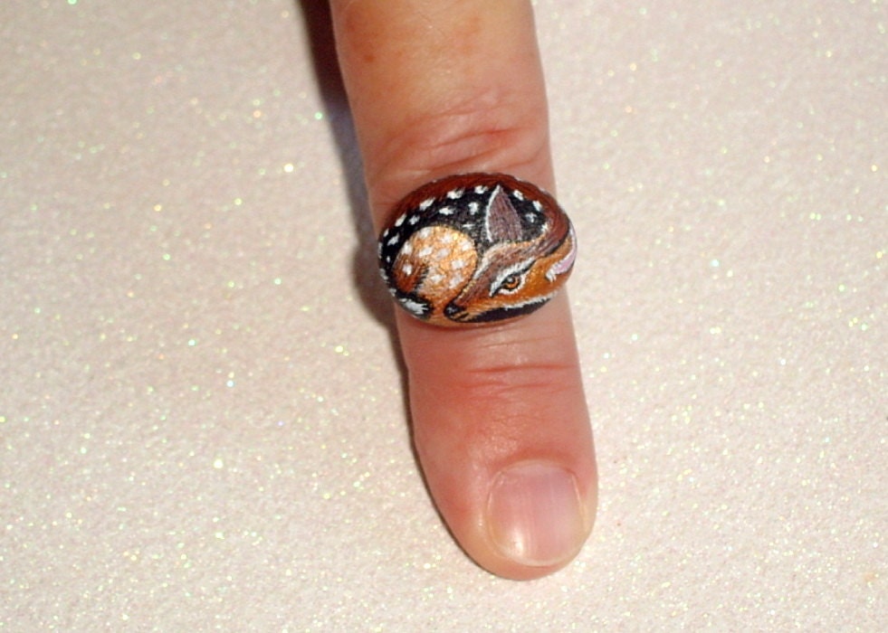 Whitetail Fawn, adjustable rock ring, miniature deer, donate rescue, gift for her, fashion costume jewelry, hand painted rocks Rockartiste
