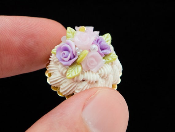 Summer Pink / Lilac Roses French Vacherin Cream Dessert - French Miniature Food in 12th Scale