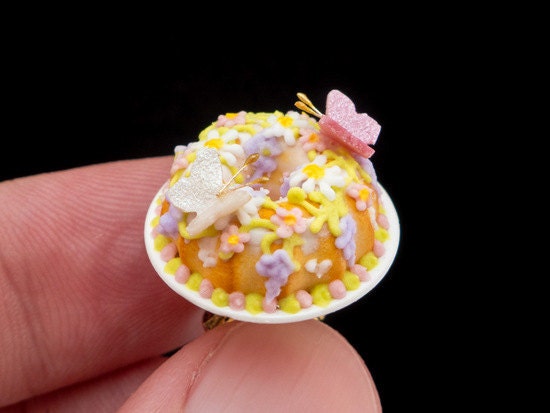 Summer Garden Cake in shades of pink and lilac on stand - French Miniature Food in 12th Scale