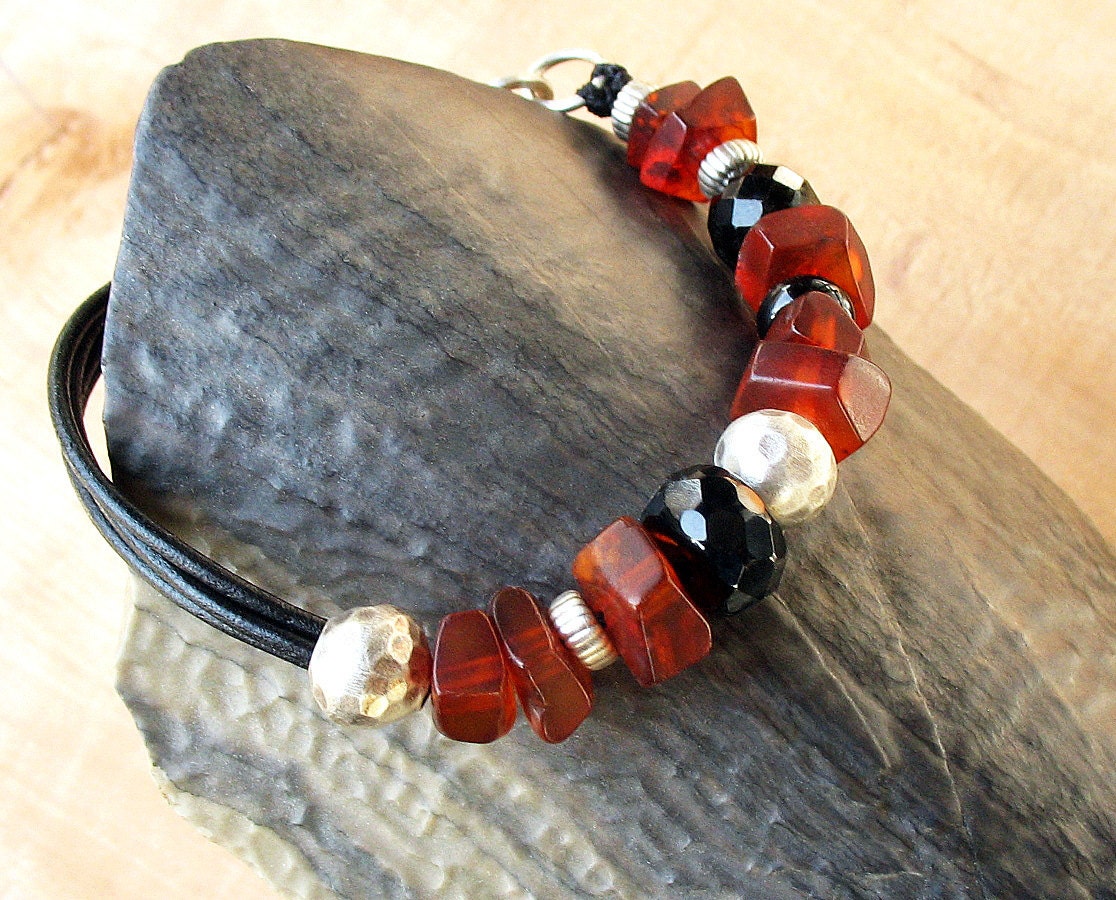 Genuine Baltic Amber Bracelet on Leather Cord - Brown Amber, Black Onyx, Sterling Silver - OOAK - BacaCaraJewelry