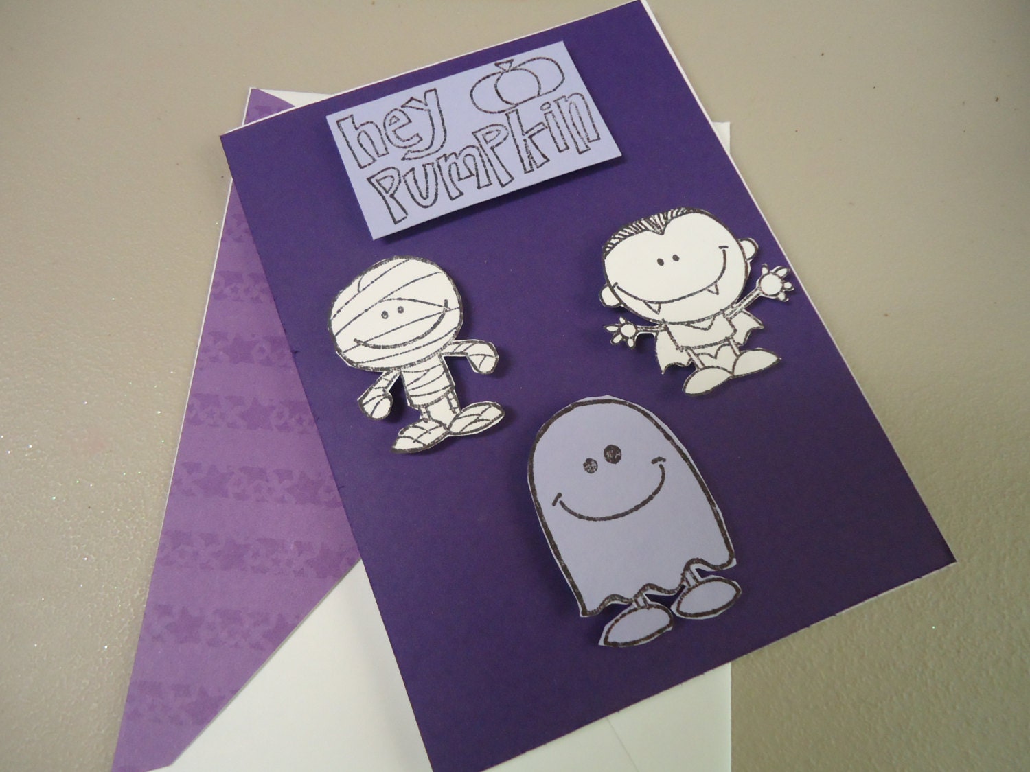 Cute Halloween card, shades of purple, Ghost, Mummy, Dracula - Hand stamped - Child, Friend - GiftsGaloreandMore