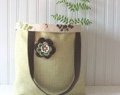Gingham Tote Bag Reversible With Flower Brooch In Olive Green, Natural Beige, Pecan Brown, Spiced Orange - Fall Handbag Purse - JannysGirl