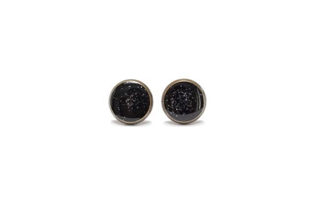 Black Earrings, Midnight Cosmic Galaxy Jewelry, Coal Minimalist, Dot Antiqued Brass Post Earrings Bridesmaid Jewelry Fall Fashion Statement - CCARIA