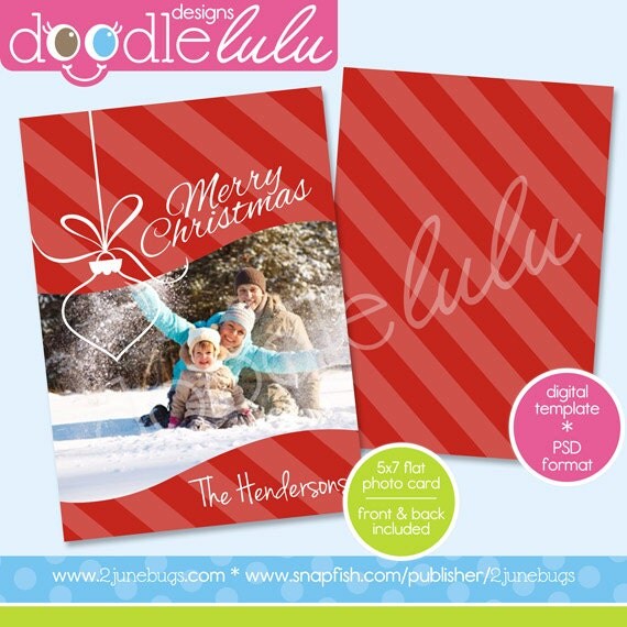 INSTANT DOWNLOAD Digital Printable 5x7 Striped Ornament Red Christmas Photo Card Template (Photoshop) PSD by Doodlelulu 2 june bugs Il_570xn