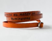 Hemingway Paris Quote in French Ultra Long Hand Carved Leather Wrap Bracelet - Cjohannesen