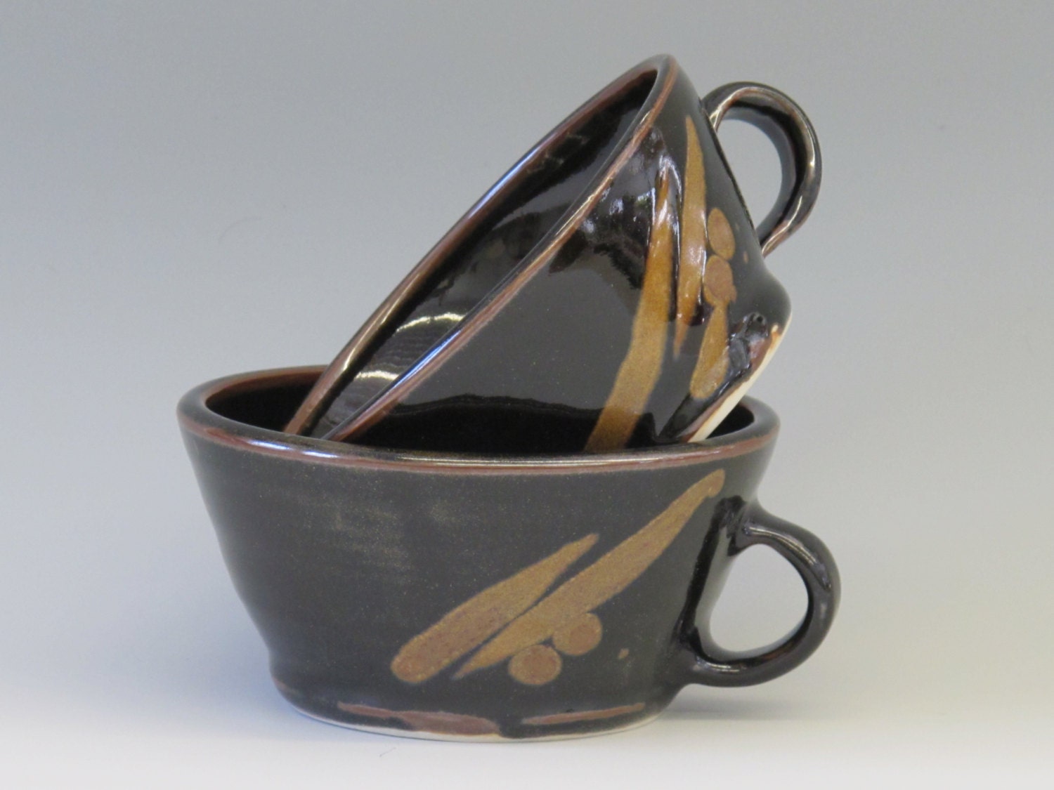 Soup bowl with handle in Brown Tenmoku glaze with Gold flecks and decoration - NewProspectPottery