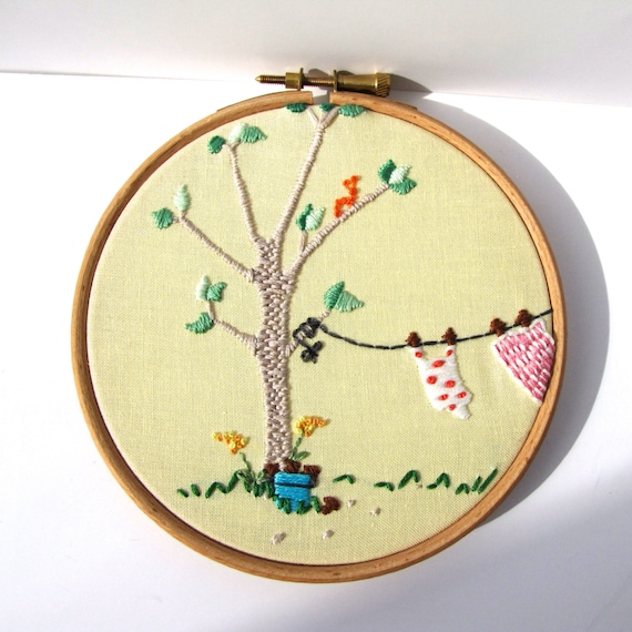 Hand Embroidered Original Picture. Yellow. Pretty Round Art Decor ready for display. 5 x 5 Inch. Been Swimming by mirrymirry
