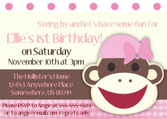 Girls Sock Monkey Birthday Invitations- Printed with Envelopes-15 Il_570xn