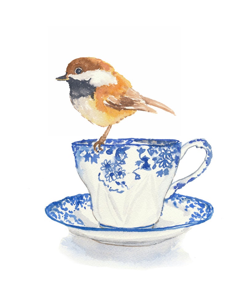 Teacup Watercolor Print Chickadee Painting Wall by WaterInMyPaint