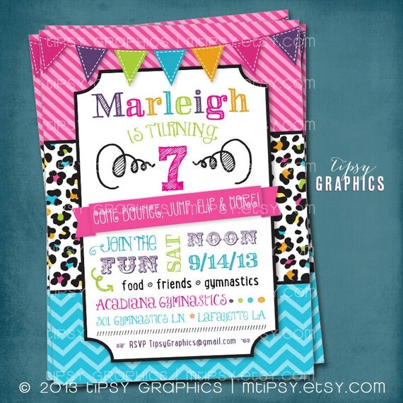 Tumble Jump Flip Cheer. Super Fun Colorful Leopard Birthday Party Invitation by Tipsy Graphics. Pink Lime Green Turquoise Orange Il_570xn