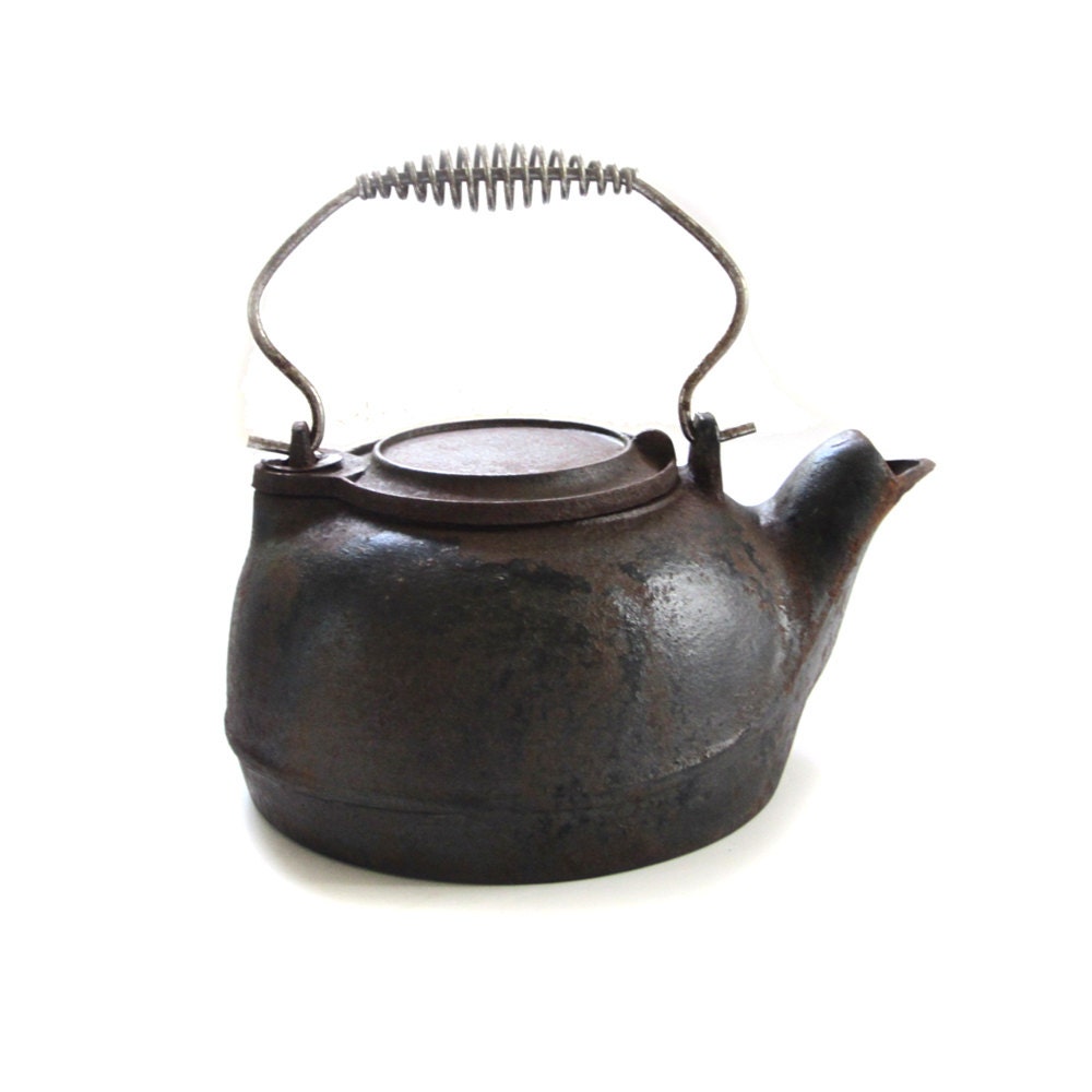 Vintage Cast Iron Bird Beak Tea Kettle Pot with Swing Lid and Coil Handle - lakesidecottage