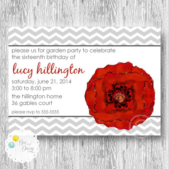 Red Poppy Invitation for Birthday Party Baby or Bridal Shower - DIY Girls Printable Invite by BeeAndDaisy Il_570xn