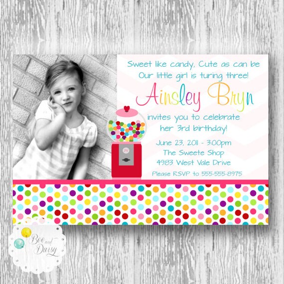 Gumball Invitation for Birthday Party or Baby Shower - DIY Girls Sweet Shop Printable Photo Invite by BeeAndDaisy Il_570xn
