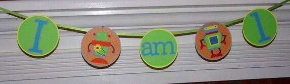 Robot 1st Birthday High Chair Banner ... includes 2 die cuts ... READY TO SHIP ... Orange Green Yellow Grey... adjustable Il_570xn