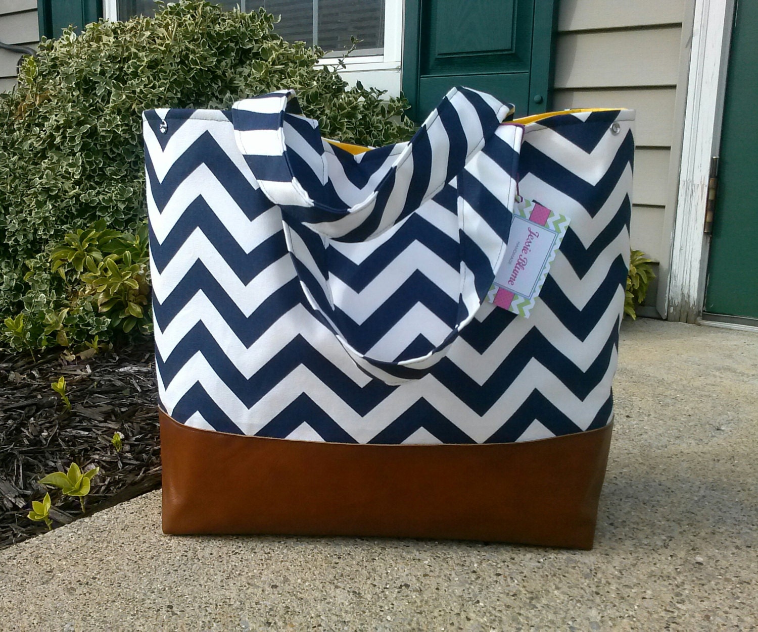 navy chevron diaper bag Bag with leather bottom by JessieBlume