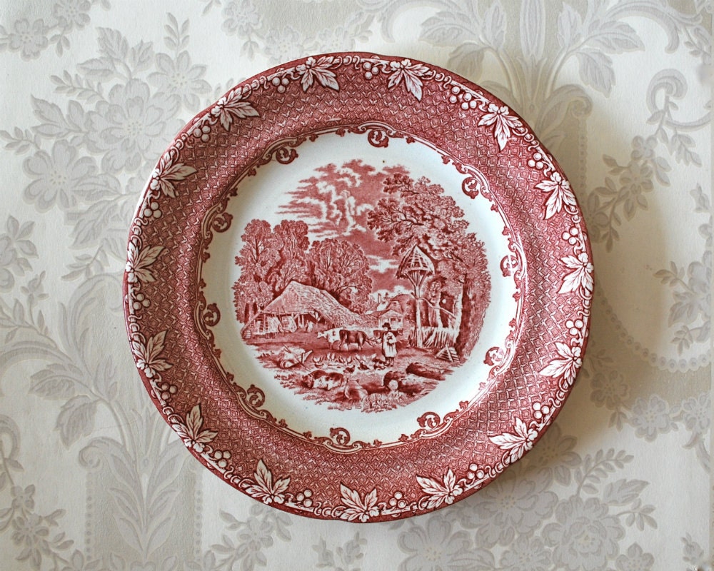 Antique Transferware Red Farm Dinner Plate George Jones and Sons Staffordshire England Serving Dining Cottage Home Decor Wall Hanging - RosaMeyerCollection