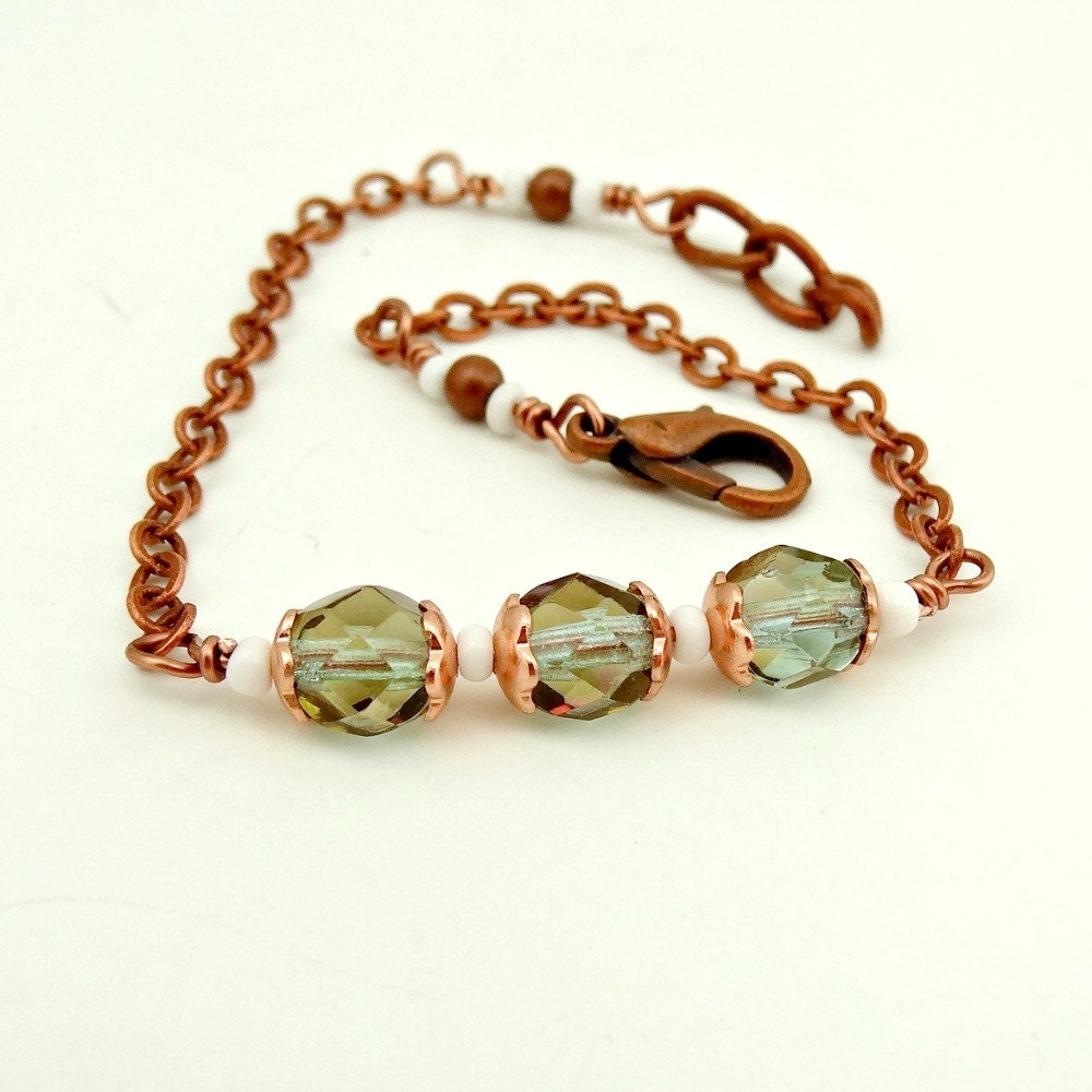 Light Aqua Green Bracelet, Copper Bracelet, Dainty Stacking Bracelet, Wire Wrapped Bar Bracelet - ReneeBrownsDesigns