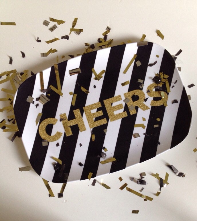 CHEERS Diagonal Stripe Glitter Metallic Design Serving Platter Il_570xn