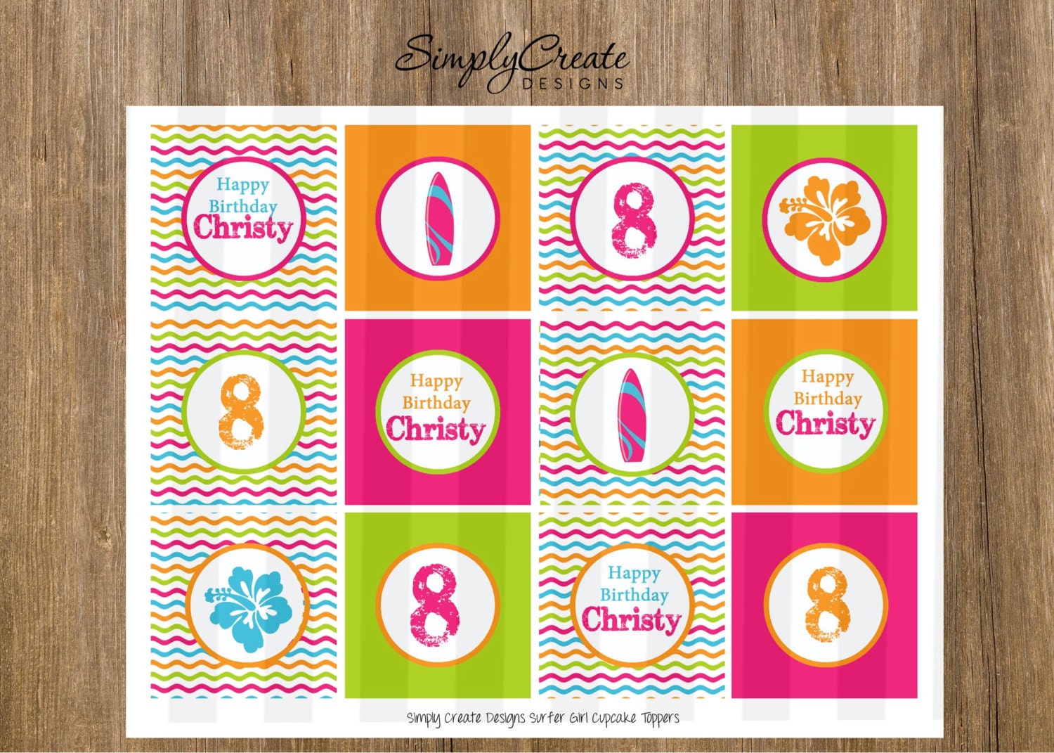 Surf Party Beach Party Cupcake Toppers DIGITAL File 8.5x11 JPEG File Personalized Il_570xn
