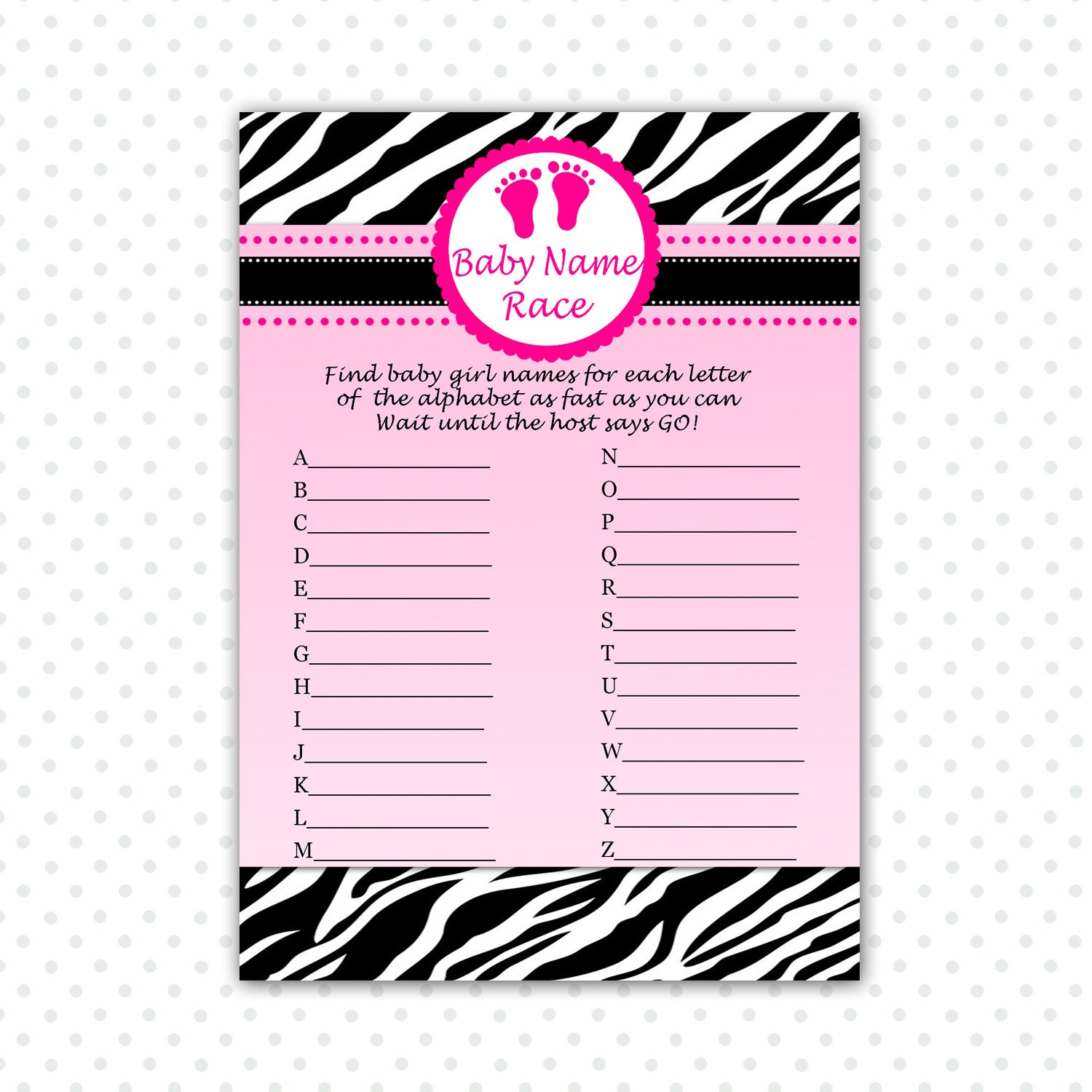 INSTANT DOWNLOAD - Pink Zebra Baby Shower Name Race Cards - Baby Feet Jungle Safari Baby Shower Games Party Activities Baby Name Race Cards