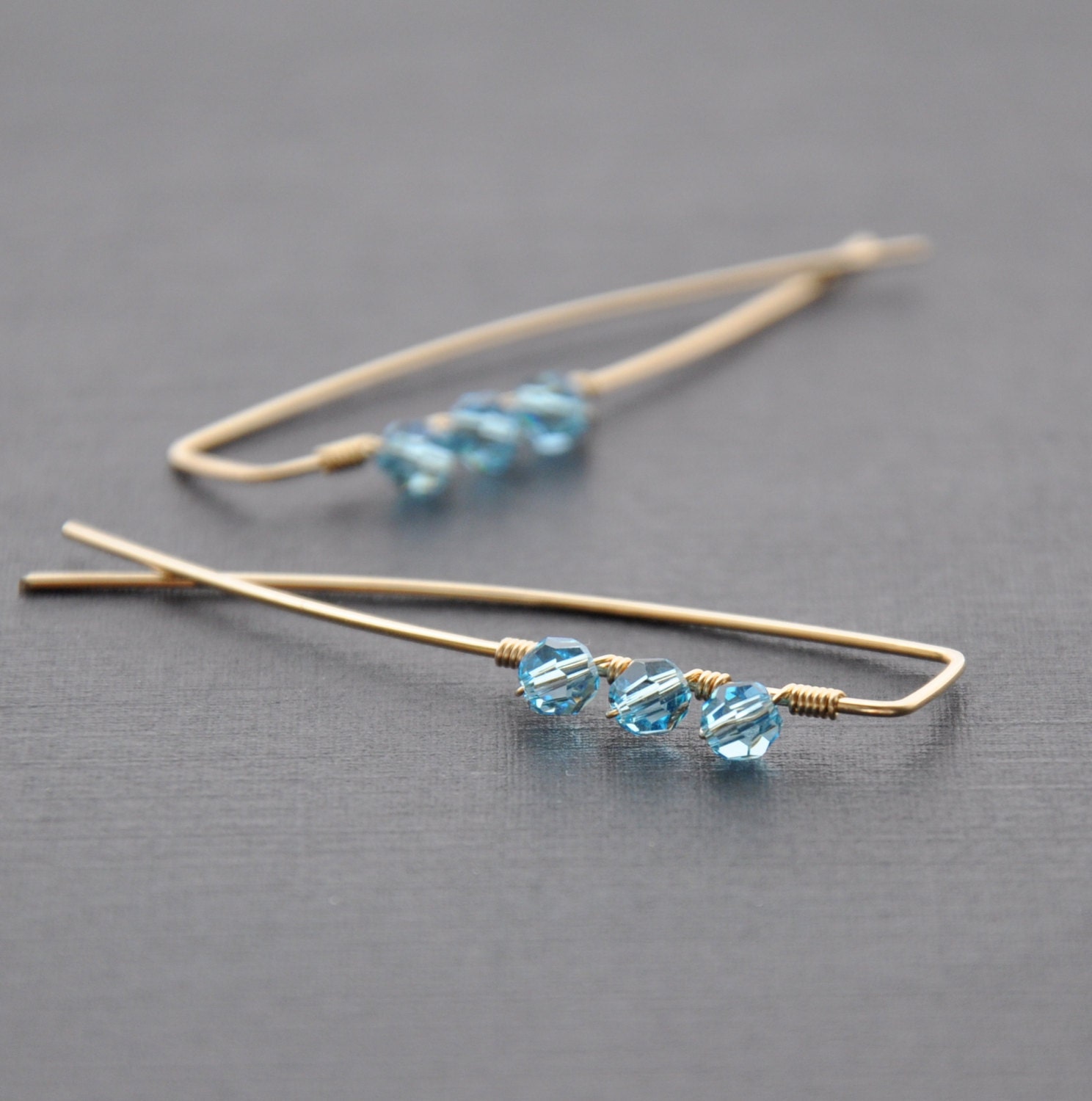 March Birthstone Earrings in Aquamarine Blue Crystal. 2" Gold Threader.  Birthday Gift Idea.  Most Birthstones Available. - GueGueCreations